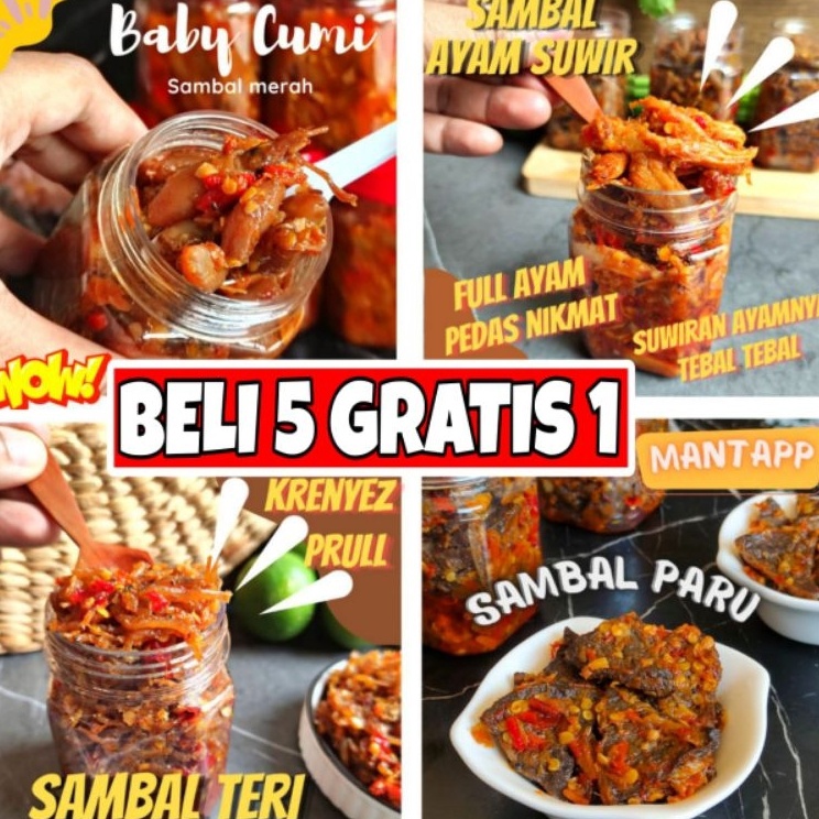 

Promo banting PREMIUM Sambal Lauk Cumi Paru Cakalang Roa Asap Ayam Suwir Teri Medan Kecombrang Pete Jengkol Kikil Bawang Terasi Usus