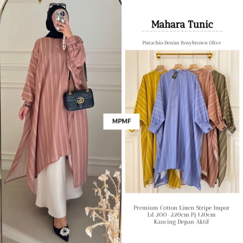 Baju Wanita Mahara Tunic Premium Linen Original By MPMF Tunik Jumbo Motif Garis