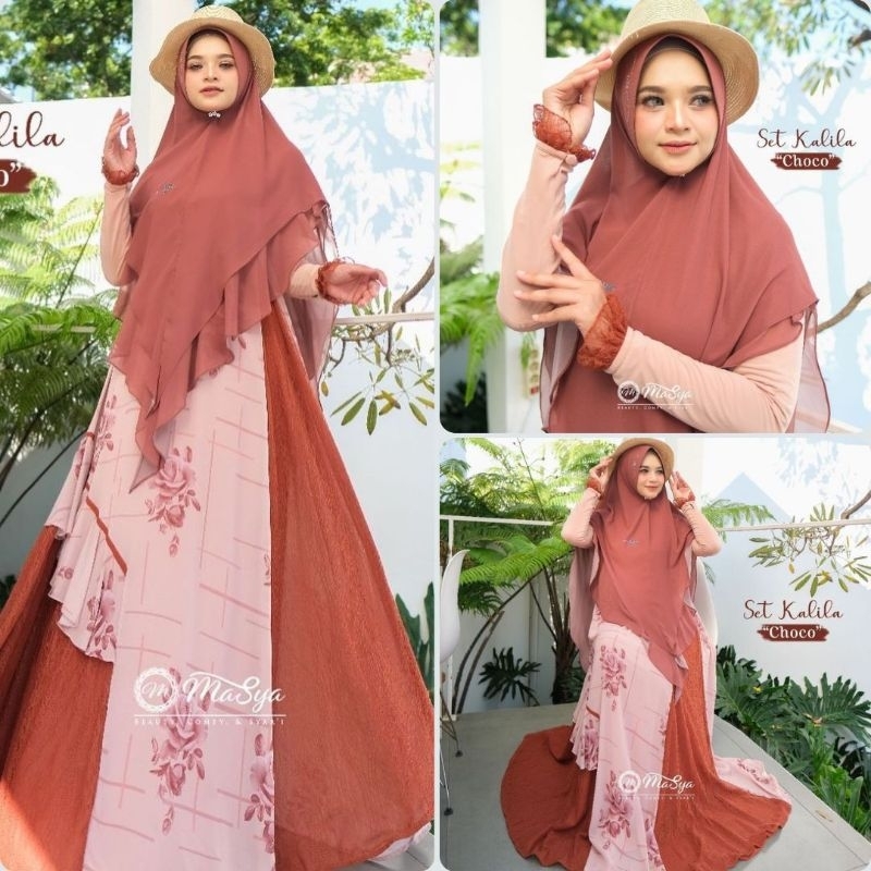 Set Gamis Dress Ceruty Babydoll Syari Branded Navy - Pink - Abu - Grey - Olive - Mauve - Choco Mewah