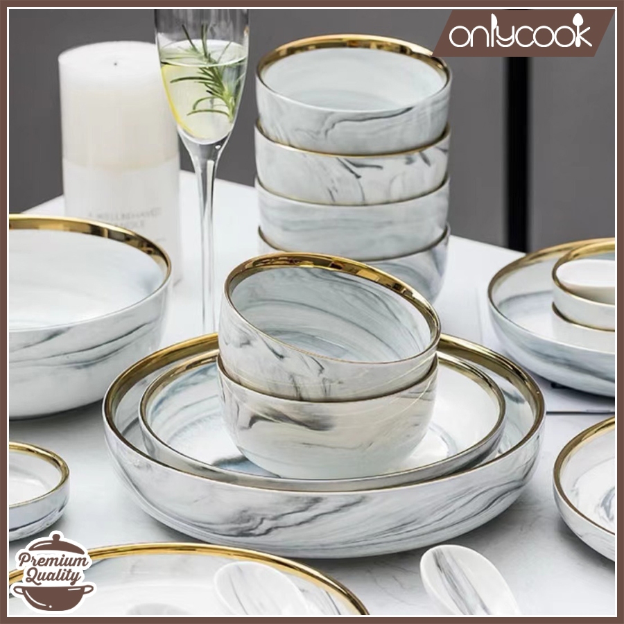 ONLYCOOK Piring Makan Keramik Abu Marble List Gold/Piring Abu Marble Keramik List Gold/