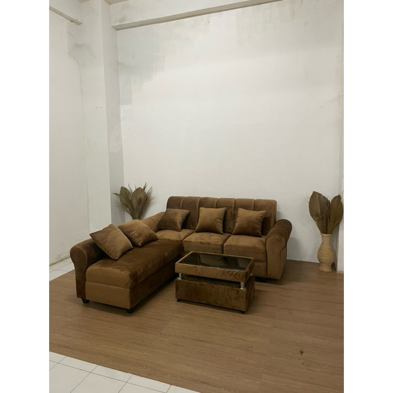 Sofa L Minimalis Murah Kulit Kanvas Bludru