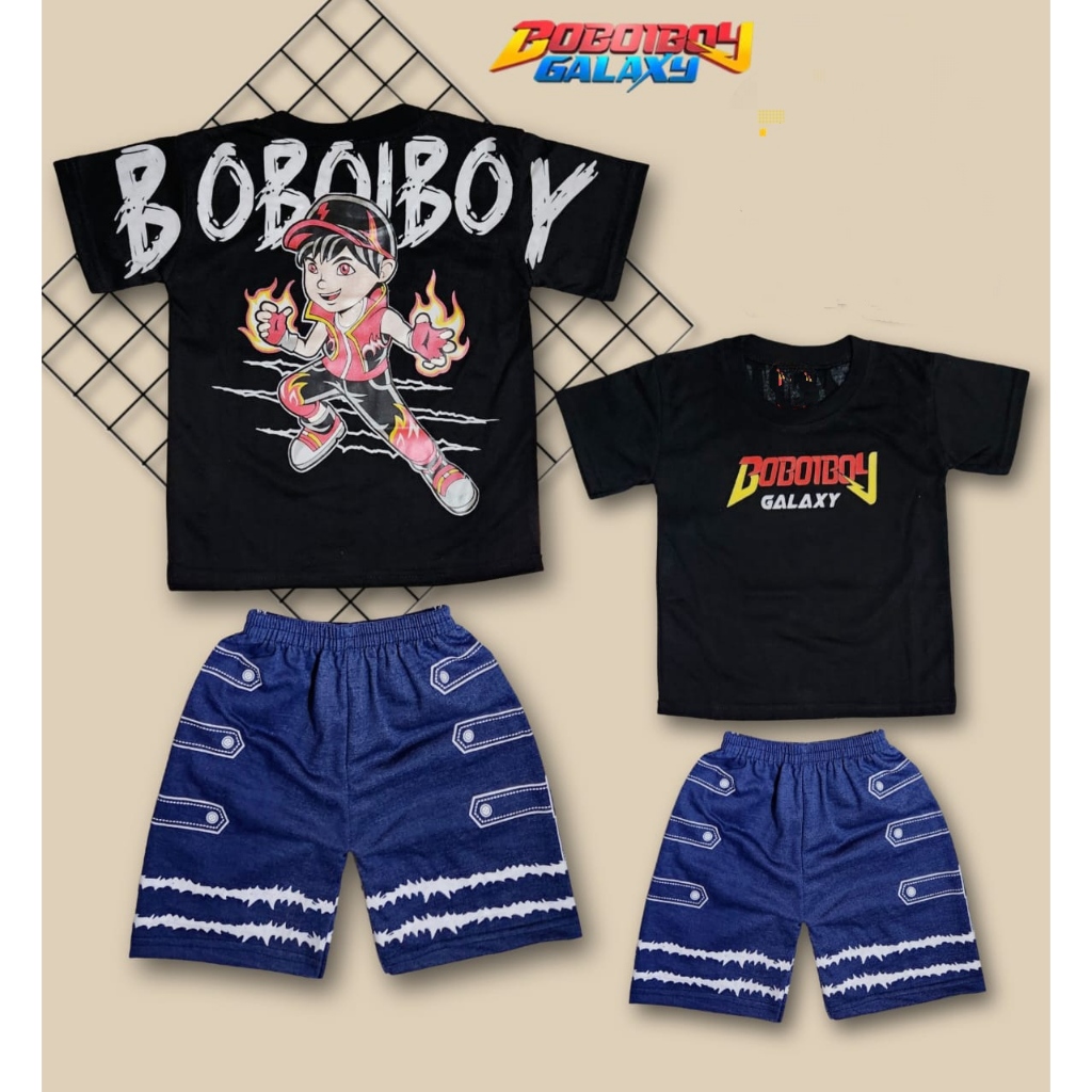 Baju Setelan Anak Karakter Boboiboy Api Denim BISA COD