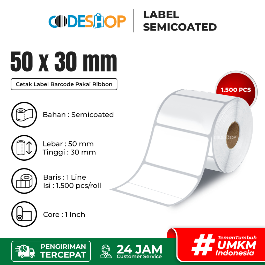 

Codeshop Label Semicoated 50 x 30 mm 1 Line isi 1500 pcs Core 1 inch