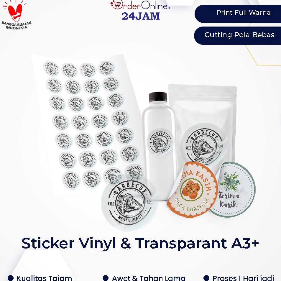 

Stock Ready Sticker Custom Cetak Stiker Vinyl Transparan Label Makanan A3 Free Cutting