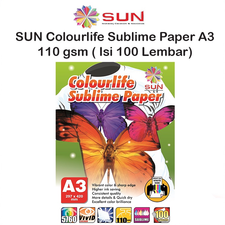 

Garansi Terhemat Kertas Sablon Sublim Transfer Paper A3 11 Gsm SUN Colourlife Sublime Paper A3 isi 1 Lembar untuk mesin press mug mesin press kaos keramik piring topi plat alumium puzzle bantal