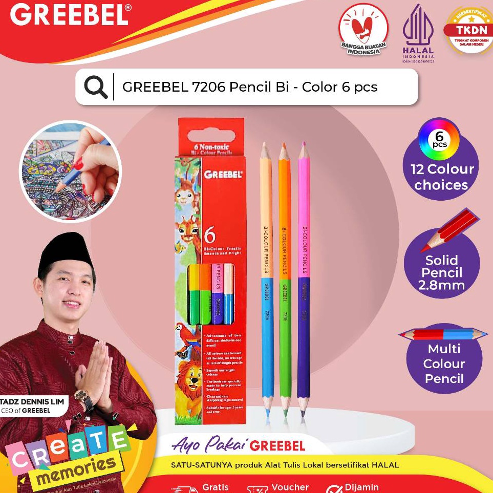 

Serbu Hadiah GREEBEL 726 Pencil BiColor 6pcs 12 WarnaColoringColorColour Pencils Cerah tidak beracun utk mewarnai anak