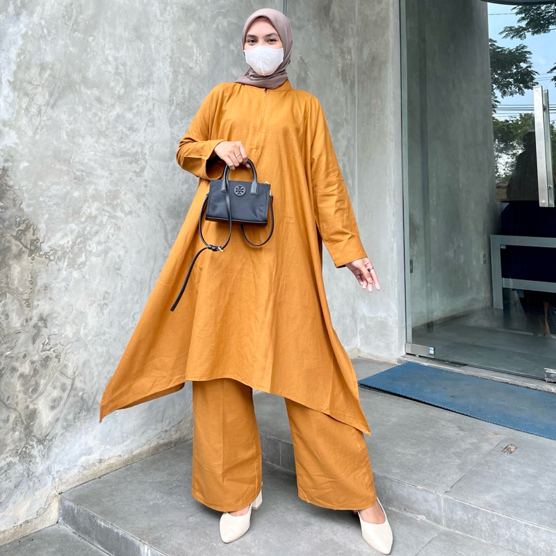 Delia Set Linen Tunik plus Celana Kulot Jumbo by Kirania