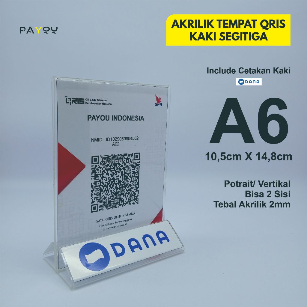 

Akrilik Tempat QRIS/ Barcode A6 2mm Kaki Segitiga Logo DANA