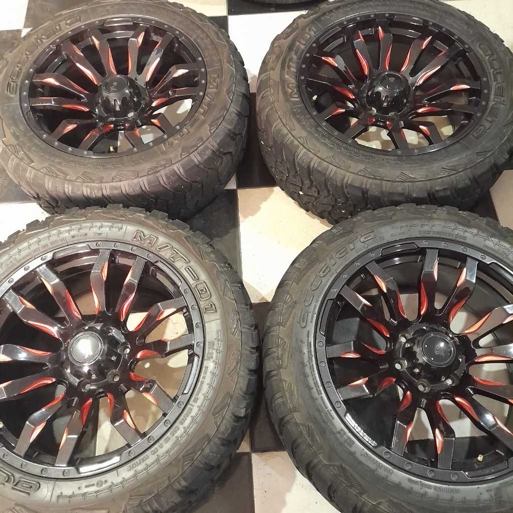 VELG MOBIL BEKAS HSR BURNEH RING 20 LEBAR 9 PCD 6X139 ET 12+BAN M/T 275 55 R20 VELG UNTUK MOBIL PAJE