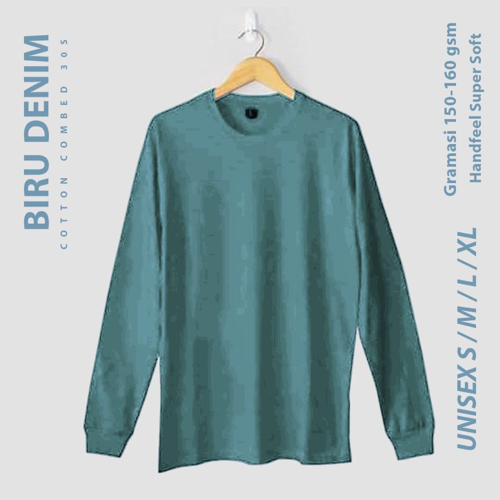 Kaos Polos Lengan Panjang WARNA BIRU DENIM Pria Wanita Premium Katun Combed 30s S M L XL XXL