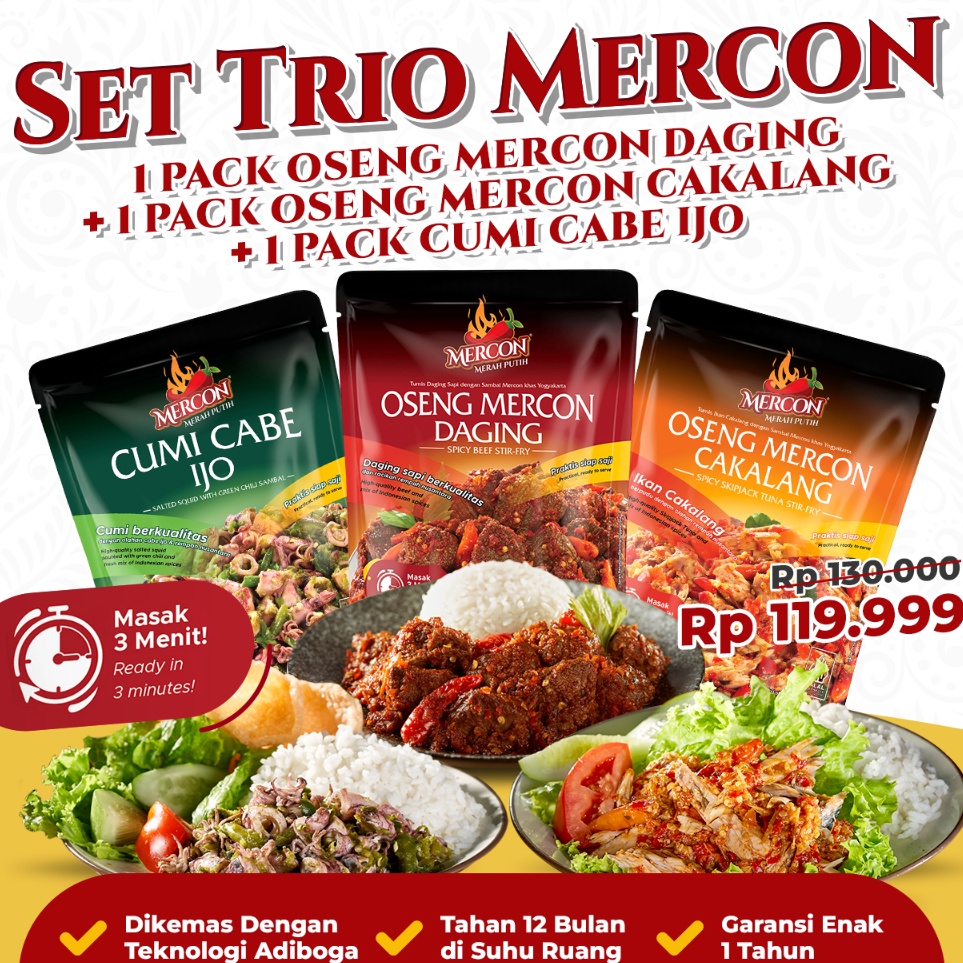 

Instan Mercon Merah Putih Set Trio Mercon Oseng Mercon Daging Cumi Cakalang