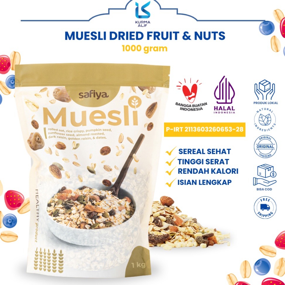 

Fresh Muesli Safiya 1 Kg Oatmeal Dried Fruit Almond Mete Sereal Diet Sehat