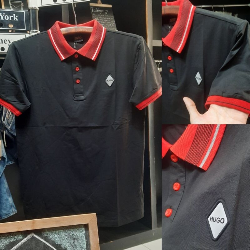 KAOS KERAH HUGO SELECTION ☆☆ 100% ORIGINAL ☆☆ WARNA HITAM KERAH MERAH LOGO TIMBUL ♡♡