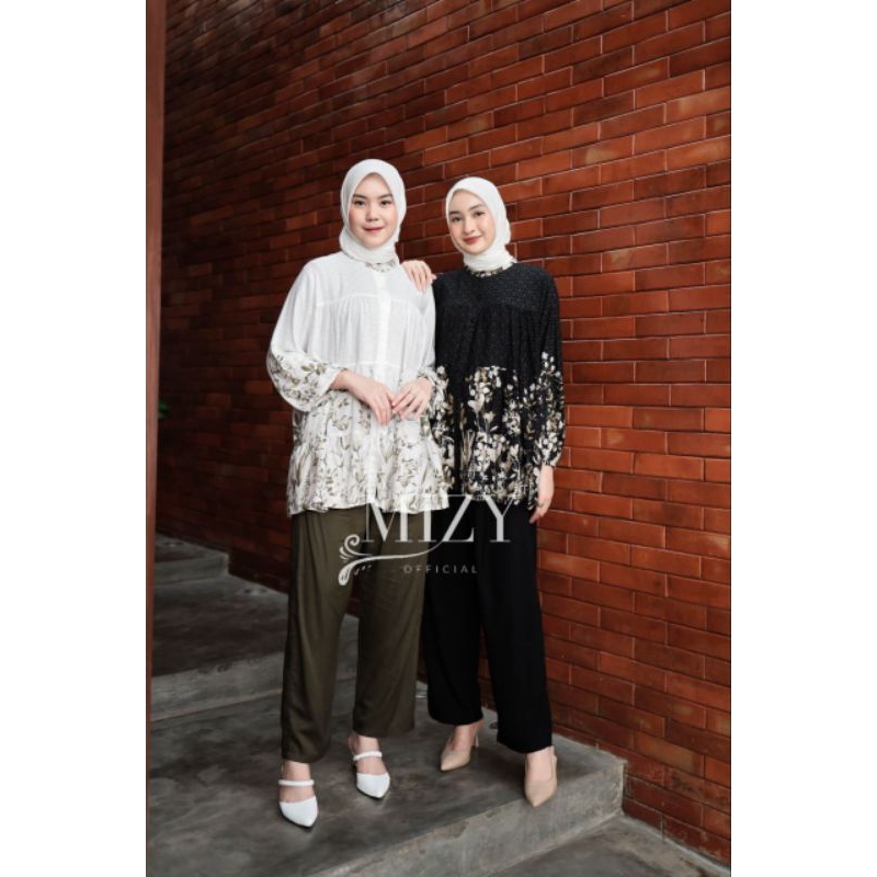 SHEFA BRIGYTA ONE SET Wanita Setelan Atasan Blouse Motif Bunga Lengan Celana Panjang Kulot Polos Sak