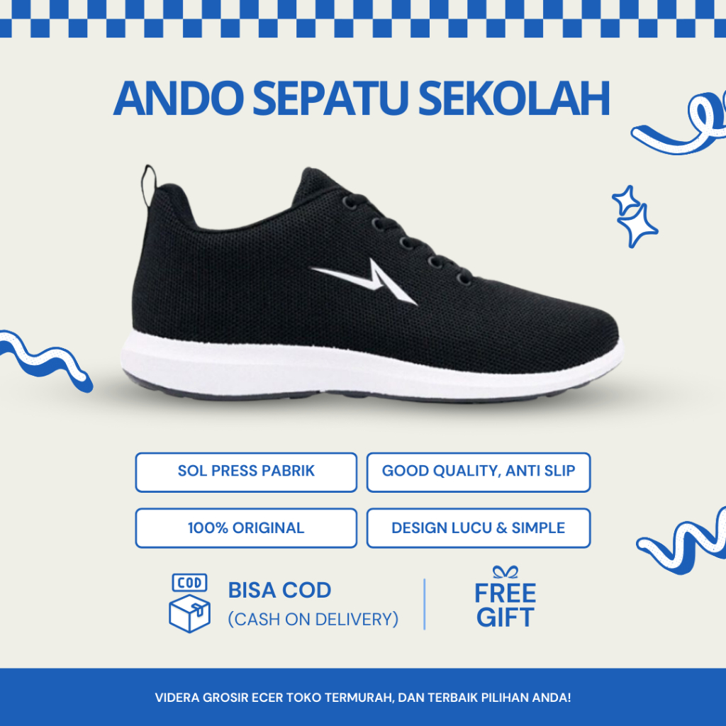 SEPATU SEKOLAH ANAK SD SMP SMA/SEPATU ANDO HITAM PUTIH POLOS/SEPATU SEKOLAH