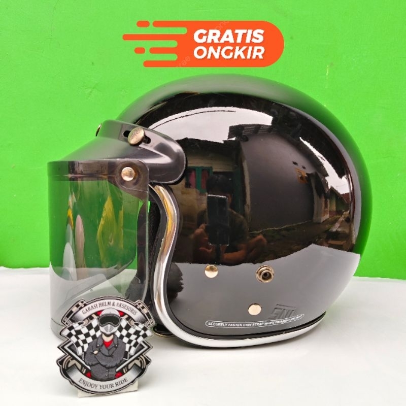 [LC] Helm Bogo Dewasa List Chrome Kaca Datar Hitam SNI - Helm Bogo Wanita Pria - Helm Bogo Clasik - 