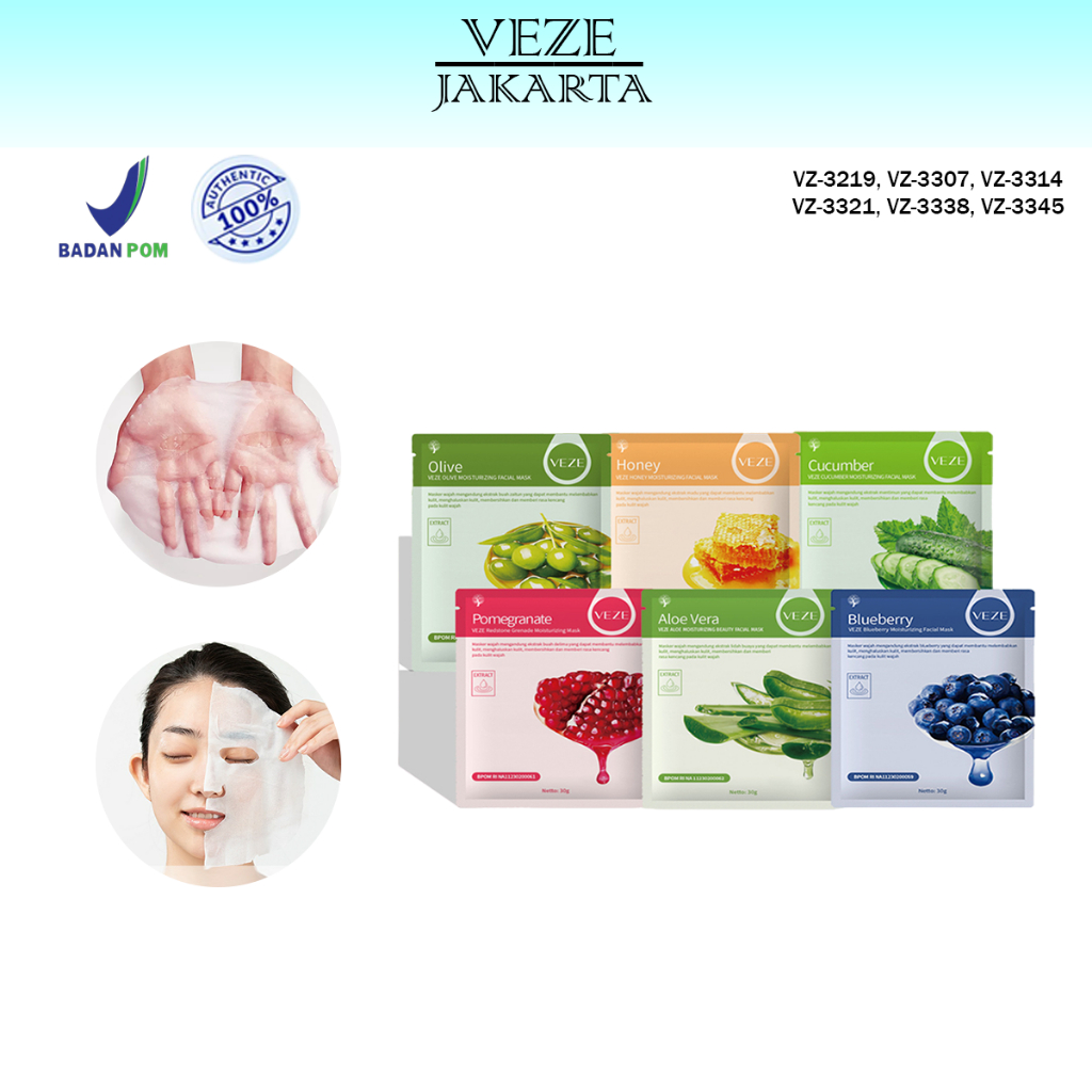 BPOM VEZE Masker Wajah  Korea Sheet Mask 6 Varian Blueberry Aloevera Pomegranate Honey Cucumber Oliv