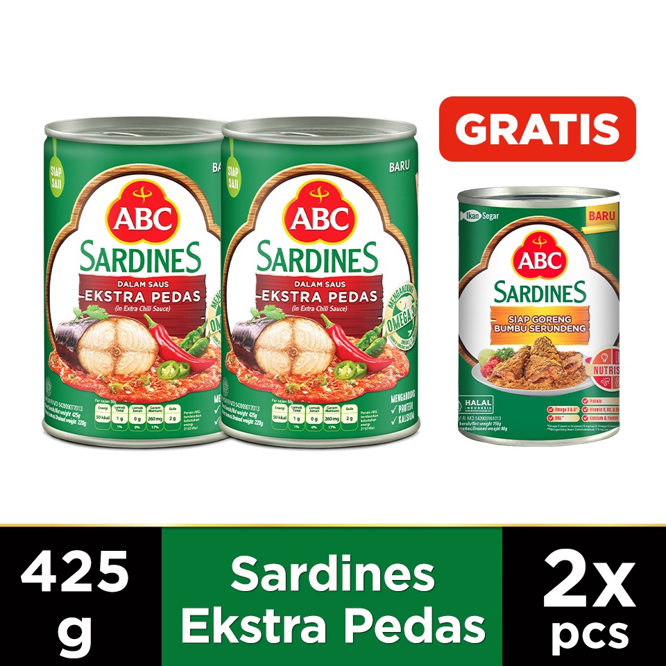 

Penawaran khusus ABC Sarden Extra Pedas 425g 2pcs Free Sarden Siap Goreng Bumbu Serundeng 155 g
