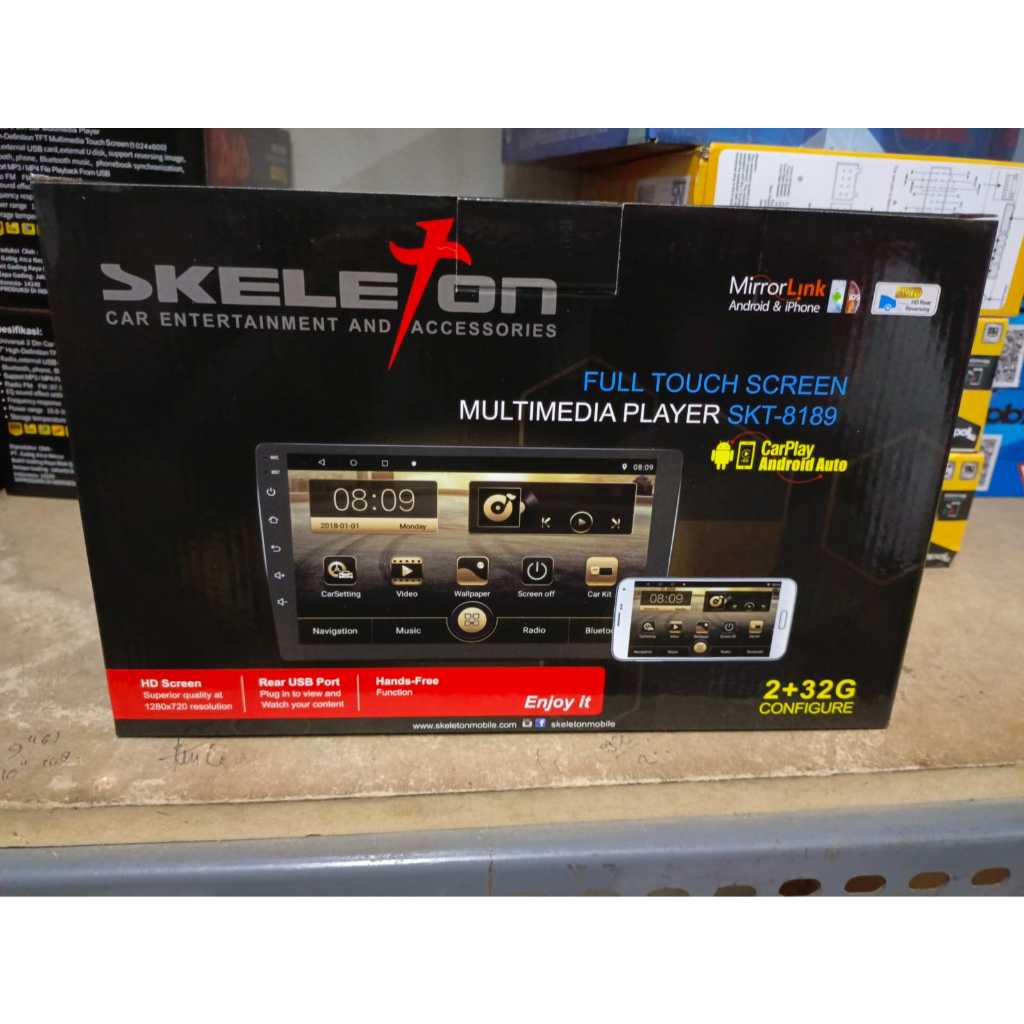 TV mobil Android Headunit android mobil merk SKELETON 9" Ram 2/32