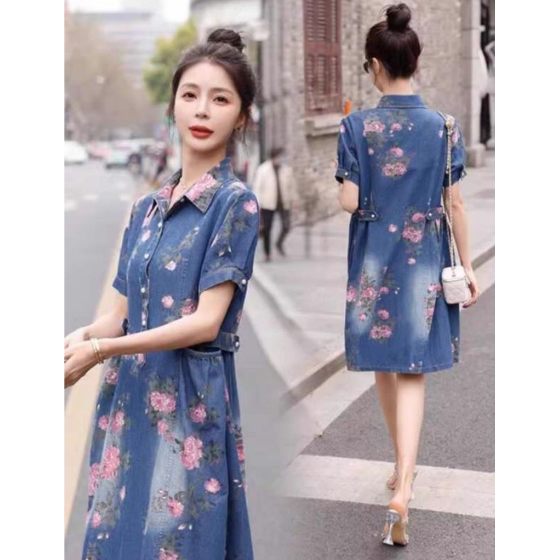 Denim Bunga-Bunga Midi Dress Korean Style Lengan Pendek
