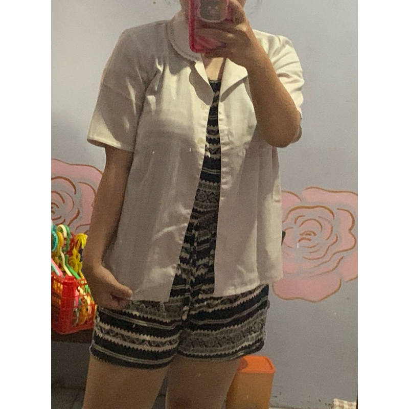 Petite Sheer Shirt Kemeja Lengan Pendek Menerawang White Putih Outer Uk M Preloved