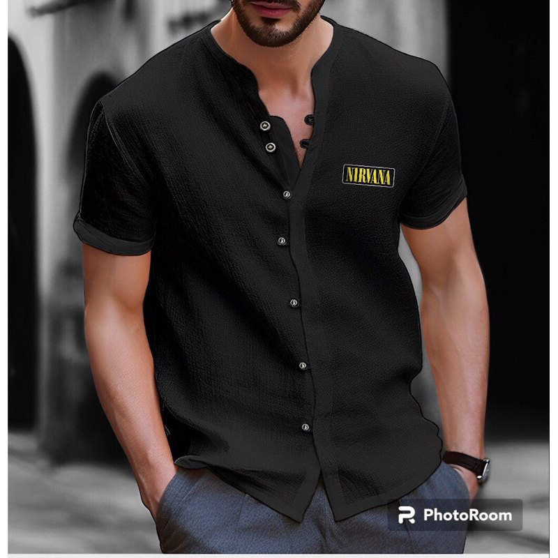 Allstar - Kaos V Neck Style Kemeja Lengan Pendek Nirvana Distro / Kaos Kemeja / Kaos V Neck Kancing 