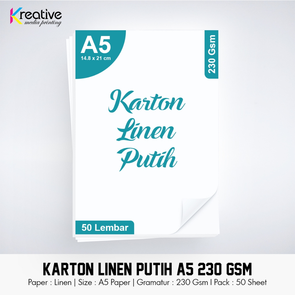 

Karton Linen Putih (A5 / 230 Gsm / 1 pack = 50 lbr)