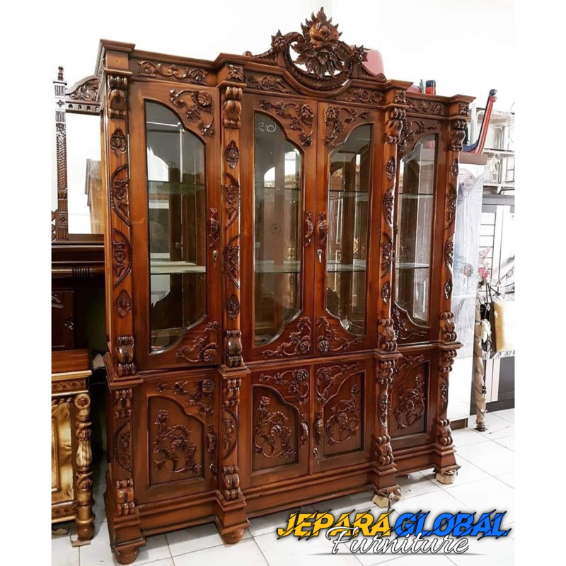 Lemari Hias Ukir Jati veronika - lemari hias jati terbaru - bufet jati - lemari cabinet ukir jati