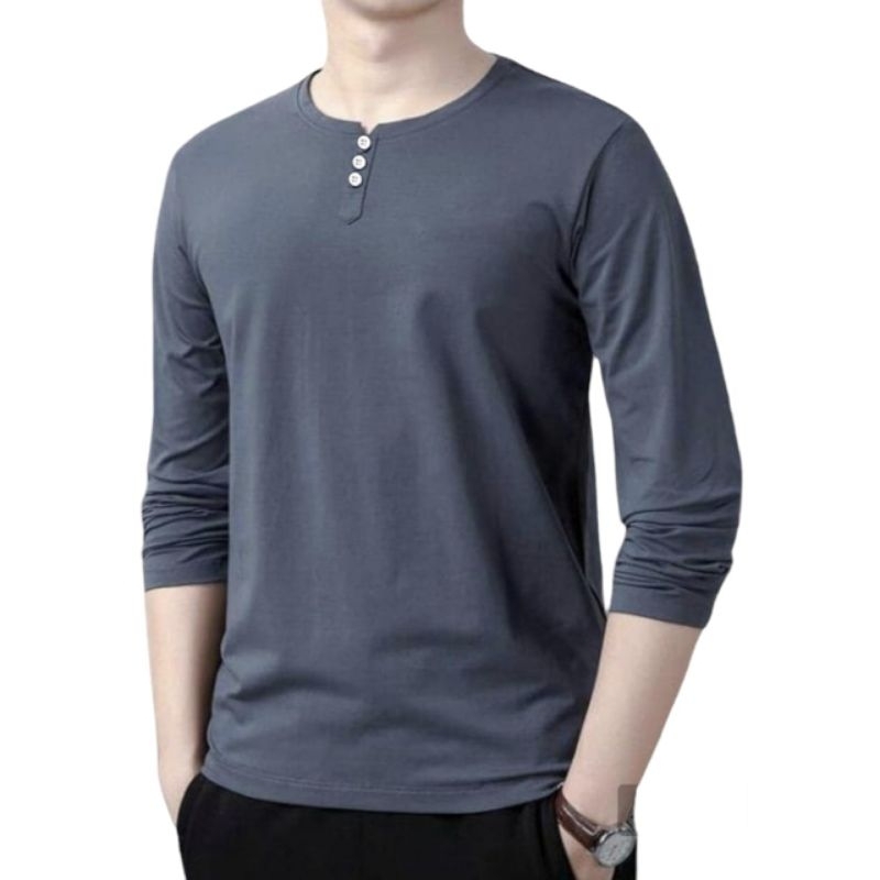 Baju kaos distro pria kancing 3 lengan panjang / kaos kancing 3 pria dewasa motif simple / baju dist