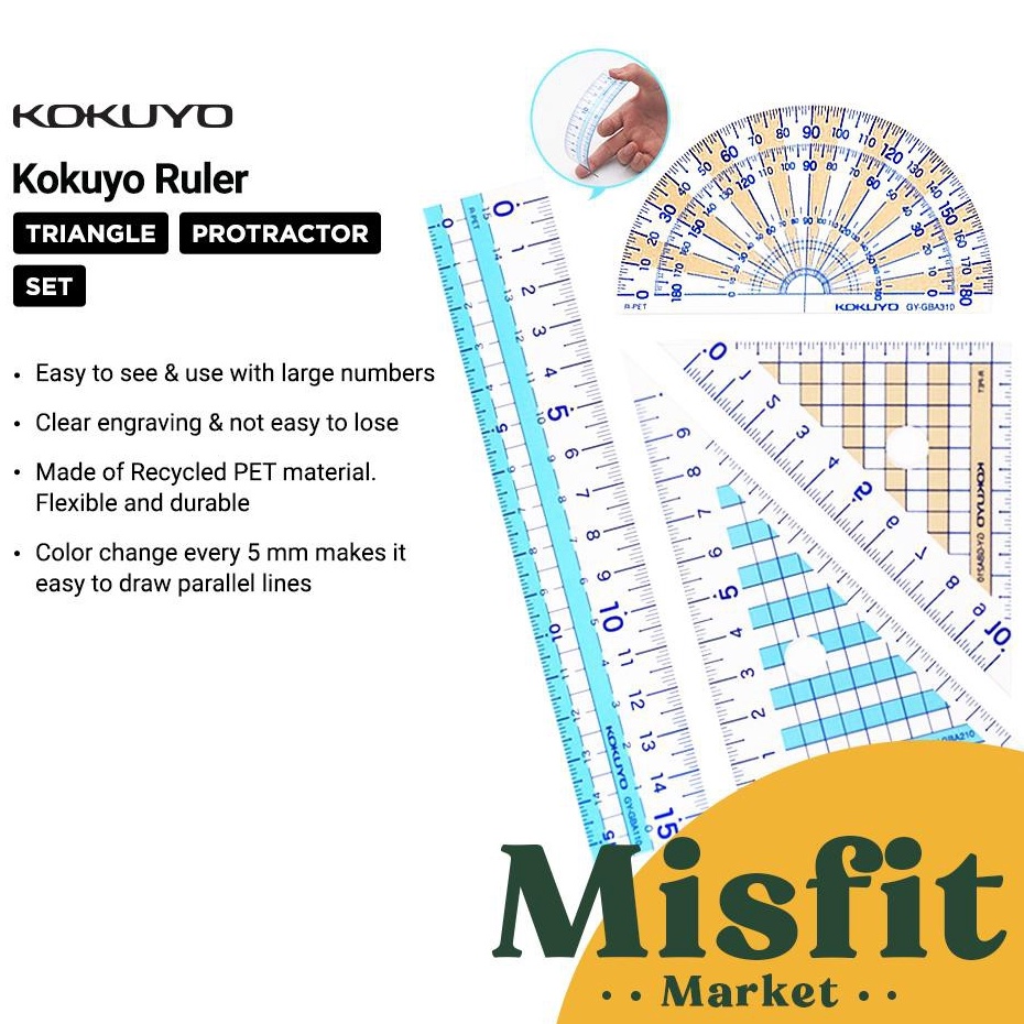 

Model Menarik KOKUYO RPET Ruler Straight Protractor Triangle Penggaris Busur Segitiga Set