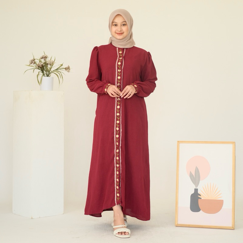 Womscloth - Midi Dress Crinkle Bordir - Dress Lebaran Busui Kancing Lengan Panjang - Gamis Wanita Muslim Terbaru-2