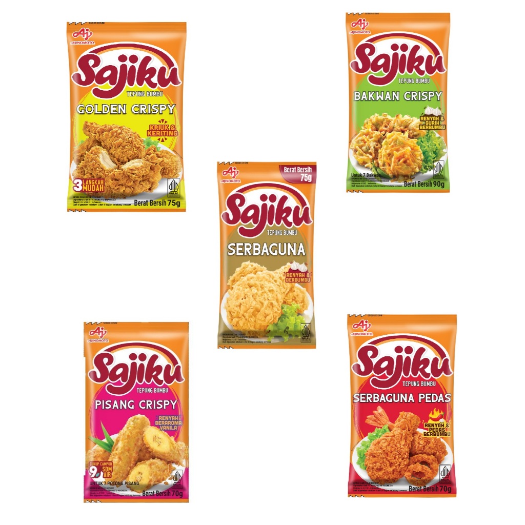 

SAJIKU GOLDEN CRISPY 75 GR/ BAKWAN CRISPY 90 GR / PISANG CRISPY 70 GR / SERBAGUNA PEDAS 70 GR / SERBAGUNA 75 GR / BUMBU, TEPUNG BUMBU CRISPY, KRIUK, SACHET