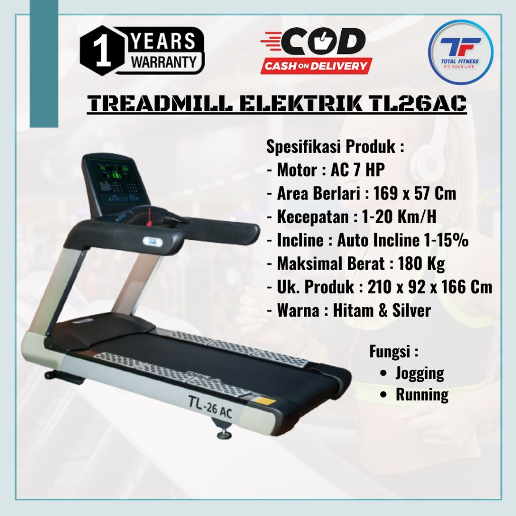 Alat Gym Treadmill Elektrik TL 26AC Komersil 7 HP Total Fitnes
