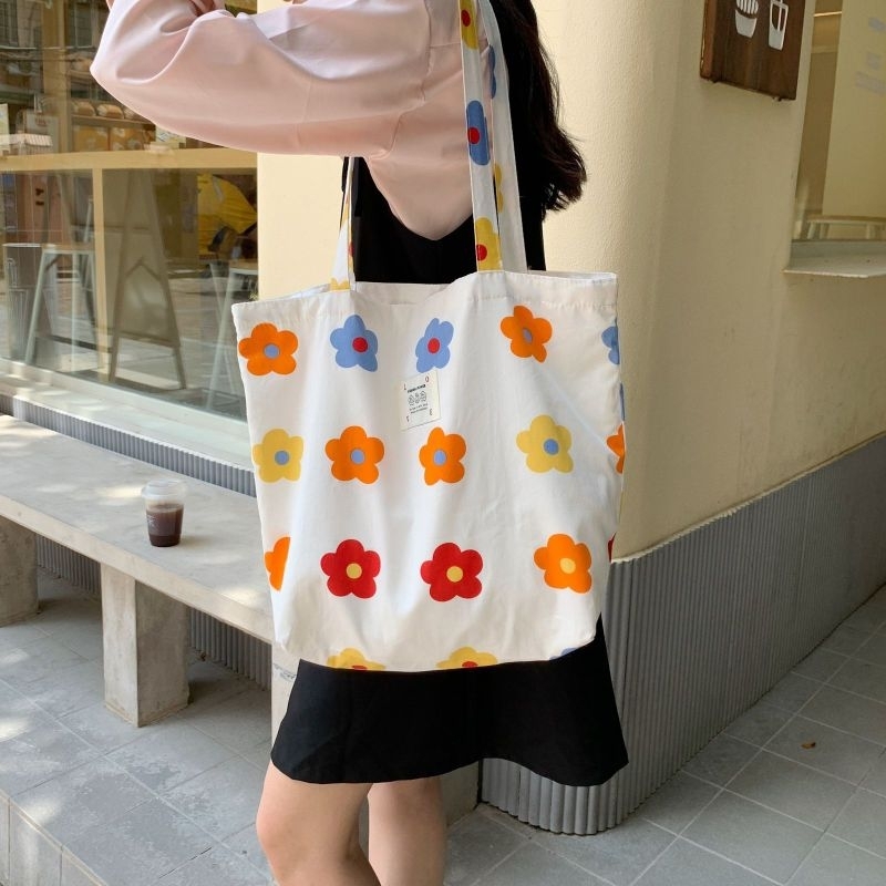 tas totebag bunga kain wanita korea kuliah kerja sekolah ukuran besar bahan kain shoulder bag premiu