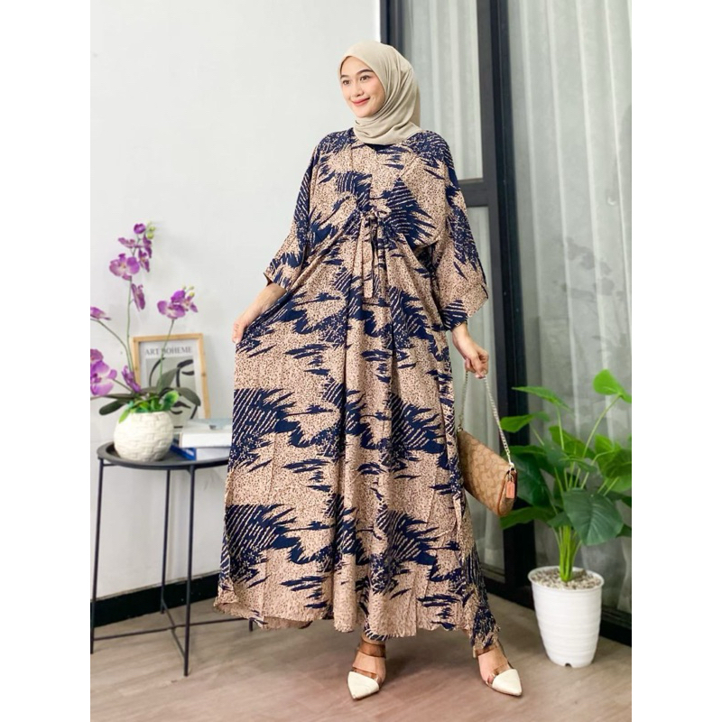 Gamis Rayon Jumbo Kaftan Terbaru Motif Polkadot Anggi Home Kaftan dan Jois Kaftan Busui Resleting / 