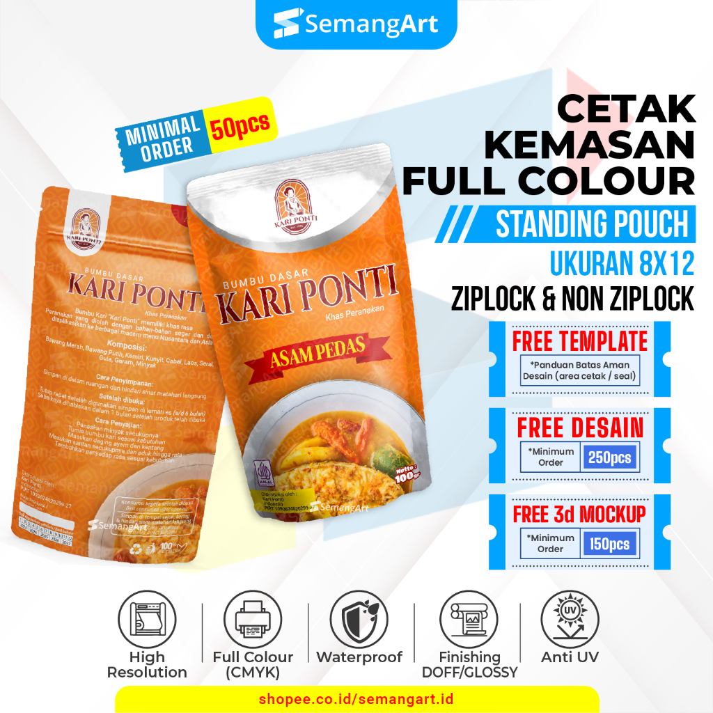 

Cetak Kemasan Standing Pouch Full Printing 8x12 cm Bungkus Bumbu Instant Aluminium Foil Plastik Klip Ziplock Zipper
