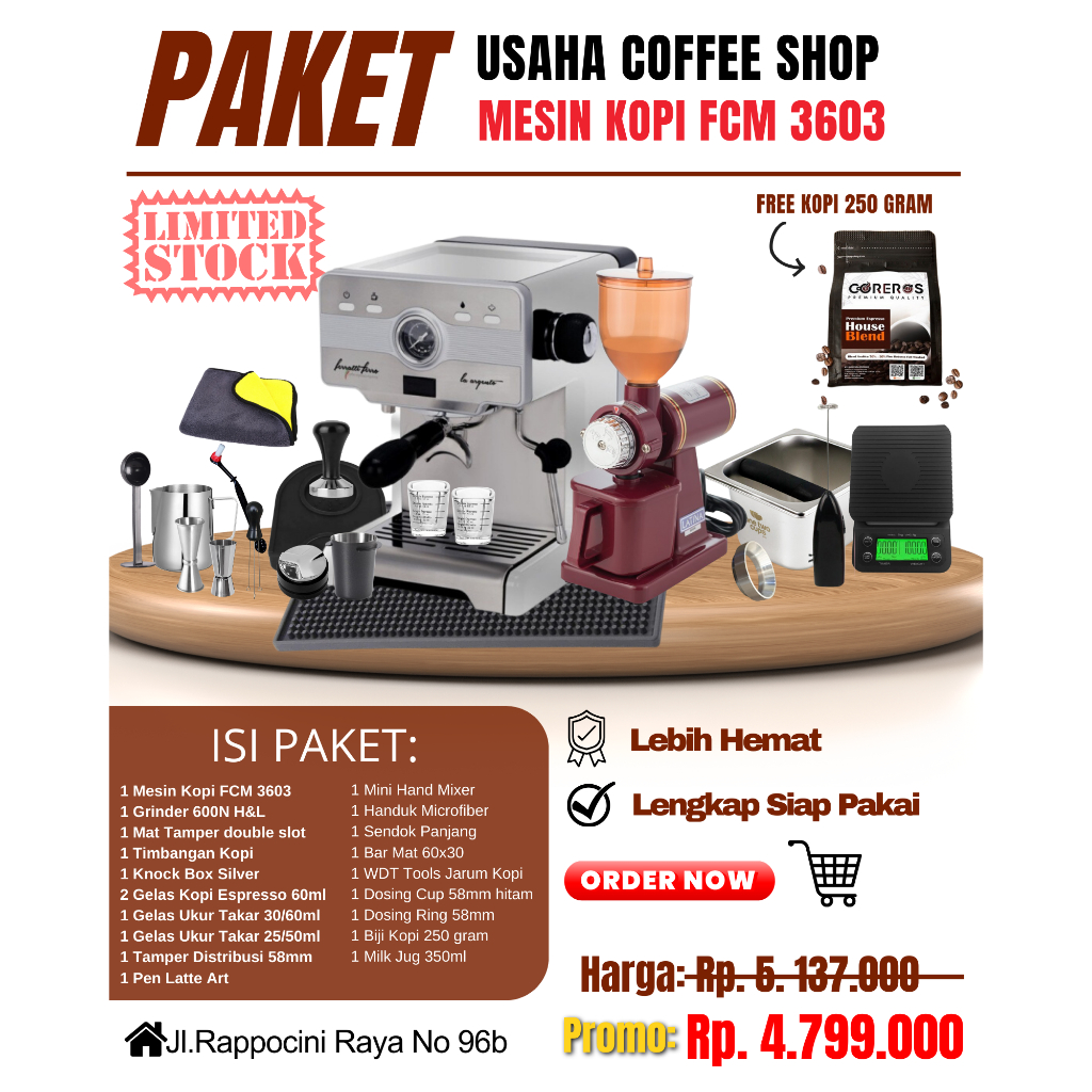 Paketan Usaha / Paket Lengkap Mesin Kopi Ferratti Ferro FCM 3603