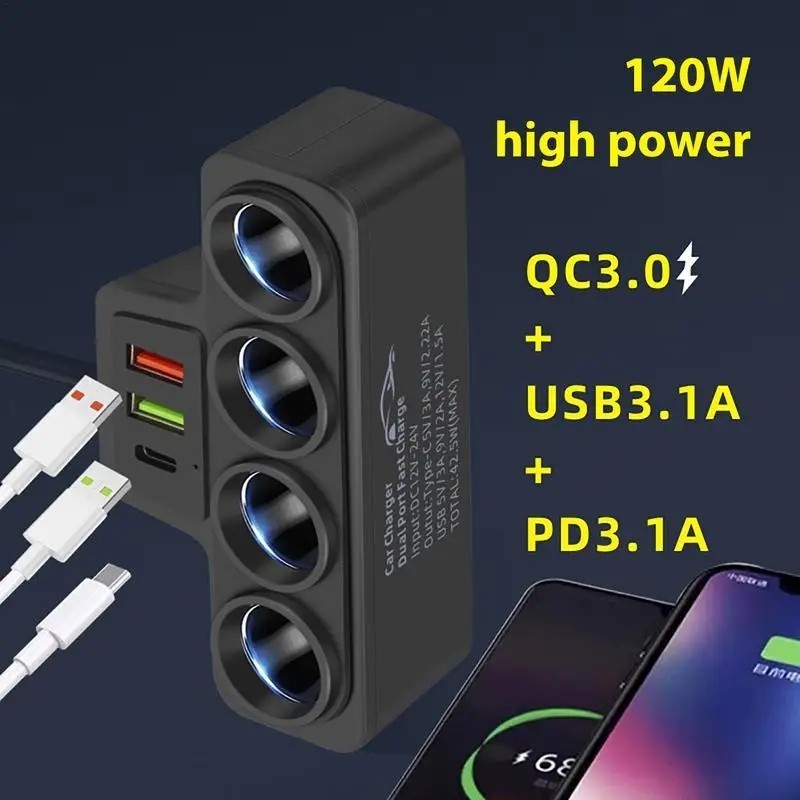 Socket Lighter Mobil Extension 120W 3 USB PD Fast Charger Splitter Cigarette