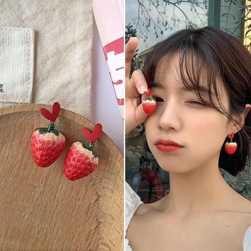 Anting-Anting Palsu Aksesoris Mode #/Perhiasan Halus/Anting-Anting Stroberi Baru Trendi Anting-Antin