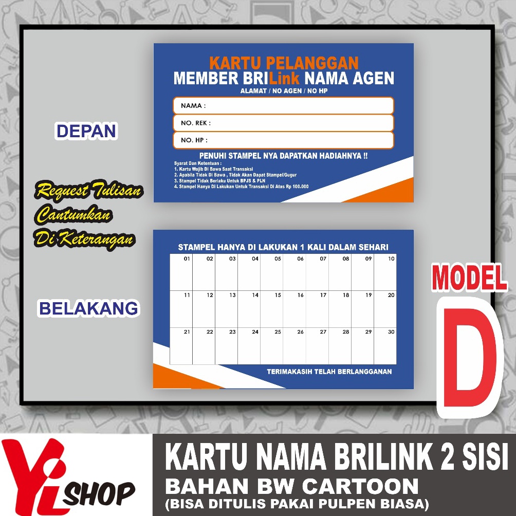 

KODE G75E Kartu Nama Member Agen BRILINK Kartu Pelanggan