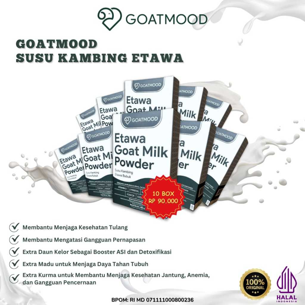 

[PAKET 10 BOX] Goat Mood Milk Susu Kambing Etawa Murni / 485gram / Bantu Atasi Masalah Tulang dan Sendi, Pernafasan, Sebagai Asi Booster, dan Menjaga Imun Tubuh