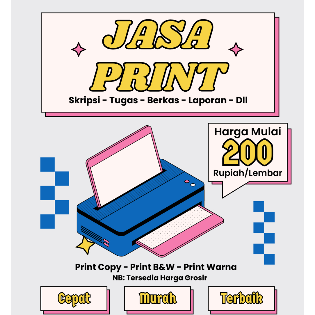 

Jasa Print hitam putih dan warna ukuran A5 A4 F4 murah meriah