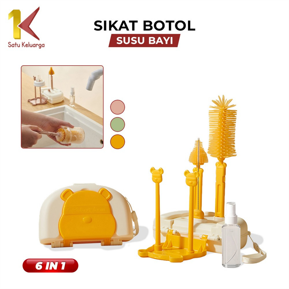 Satu Keluarga Sikat Botol Susu Bayi 6IN1 dengan Rak Pengering Botol C1069 Set Bottle Brush Set + Dry