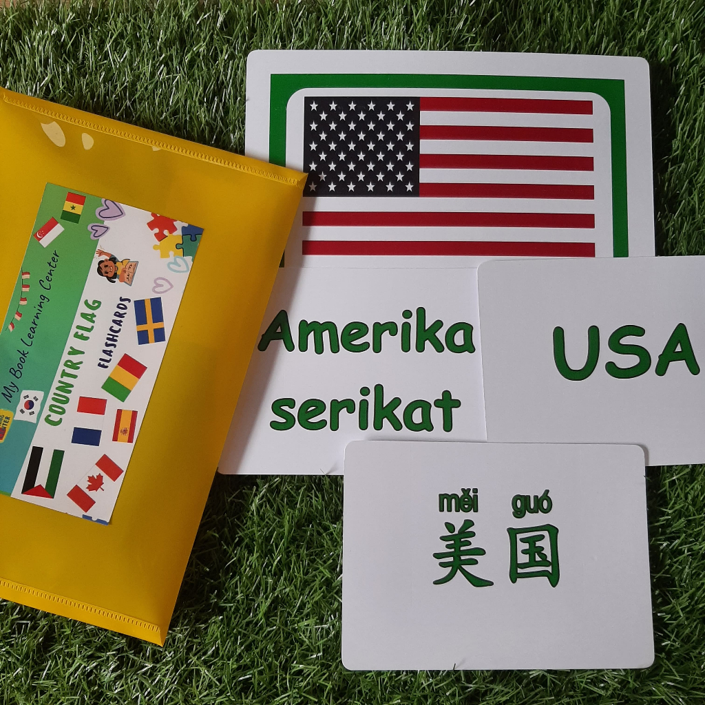 Kartu Mainan Edukasi Anak // Flashcards SIZE JUMBO Tema Bendera // Flag 3 Bahasa untuk anak umur 1-6