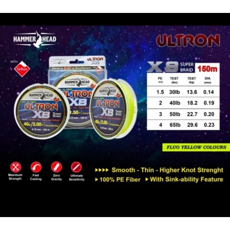 senar pancing pe Braid hammerhead ultron 150 meter