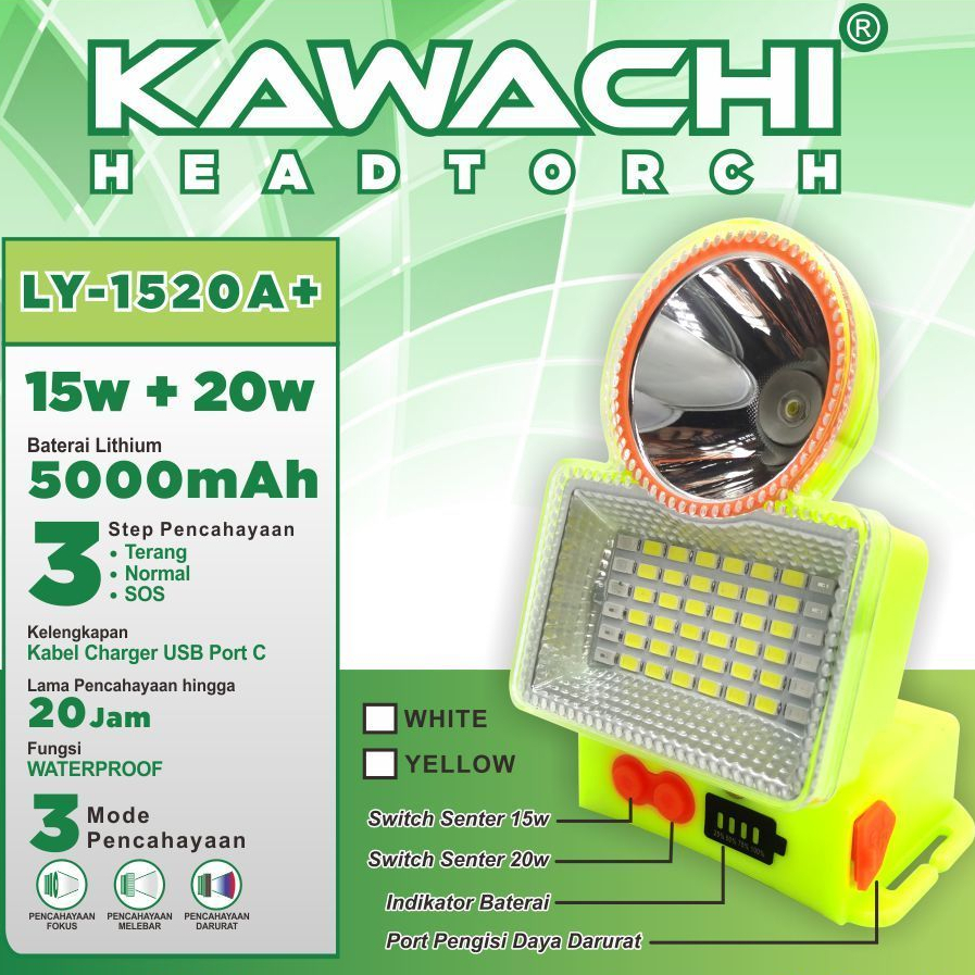 Kawachi Senter Kepala Waterproof 15WATT + 20WATT 5.000mAH Kabel Charger USB Port C LY-1520A+
