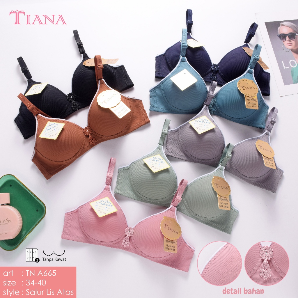 BH Tiana A665  Salur Lis Atas Size 34-40 Non Kawat Kait 2 Cup A Busa Sedang