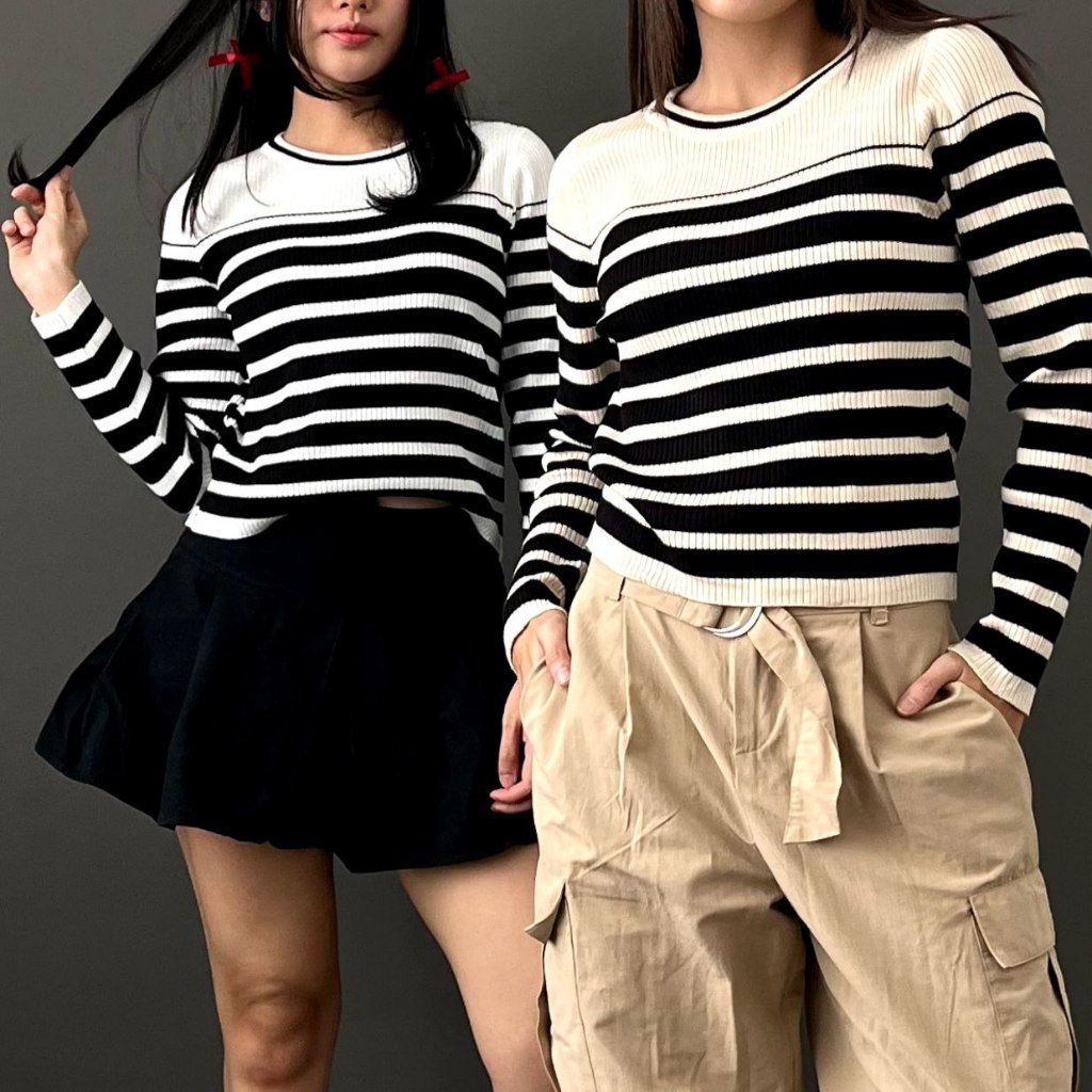 GS - Baju Wanita Rajut Knit Salur Atasan Iner | Pakaian Lengan Panjang Stripe Korea Style iner inara