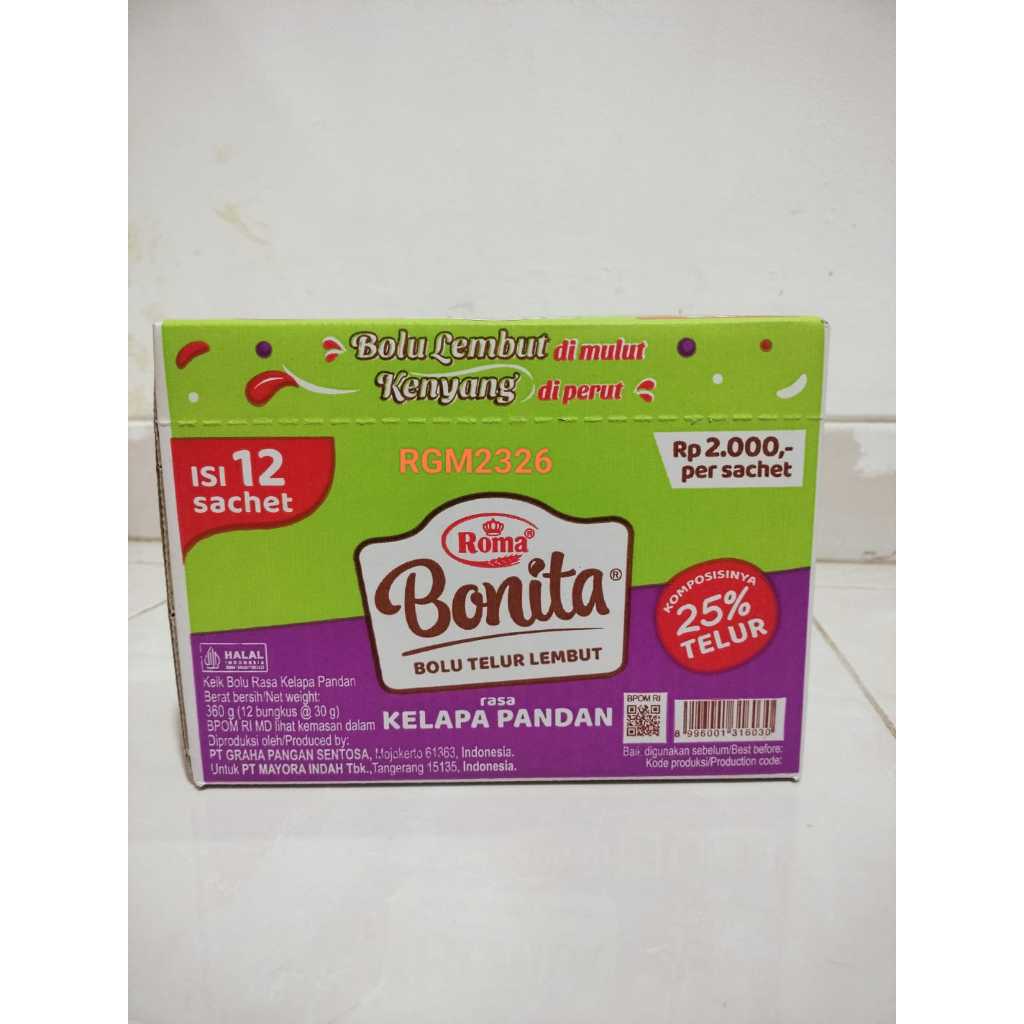 

Roma Bonita Rasa Kelapa Pandan - ( Harga 1 Box isi 12 pcs )