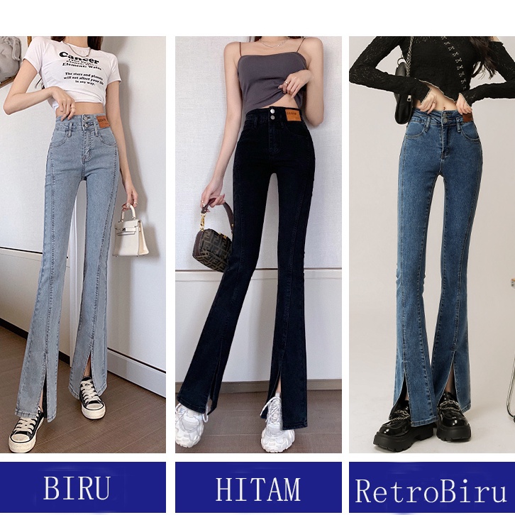 Toko Spesial Celana Jeans Panjang Wanita Highwaist Jeans Kulot Cutbray Stretch Motif Belah Depan Bah